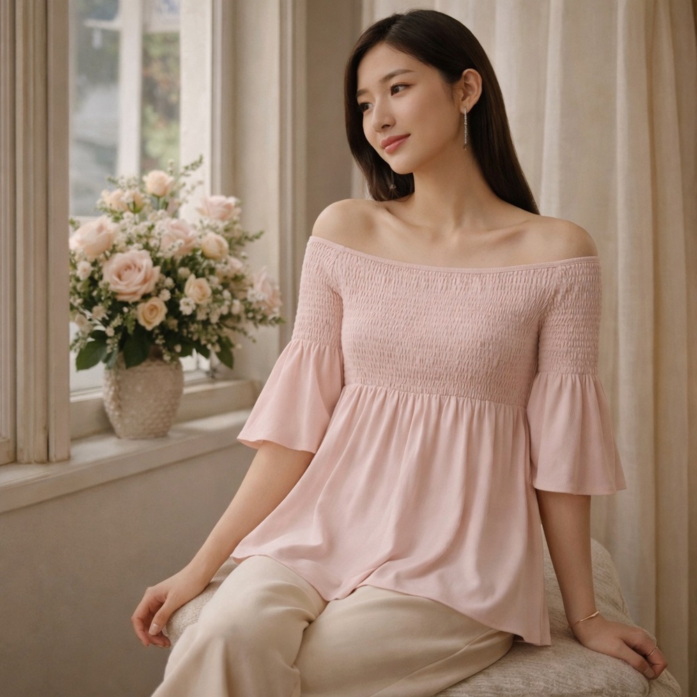 BABATON Petal Pink Smocked‎ Off-Shoulder Babydoll Blouse Small NWOT